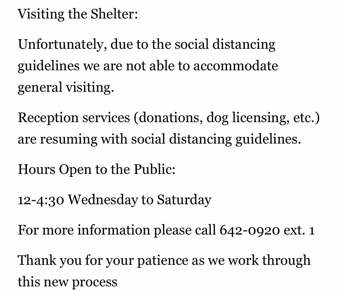 SPCAAR's tweet photo. Hours Open to the Public:

12-4:30 Wednesday to Saturday

For more information please call 642-0920 ext. 1

Thank you for your patience as we work through this new process. https://t.co/Fawx9IirtQ