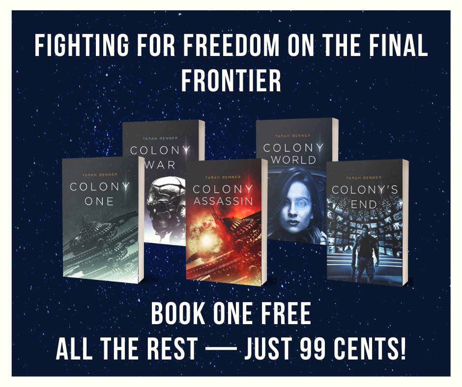 TarahBenner's tweet photo. What's more American than fighting for freedom in SPACE? Colony One is FREE this weekend, and books 2-5 are just 99 cents each! https://t.co/IqCuB6ba9U #KindleFree #KindleDeal #freebooks #scifireads #freereads https://t.co/bWybQ21e0I