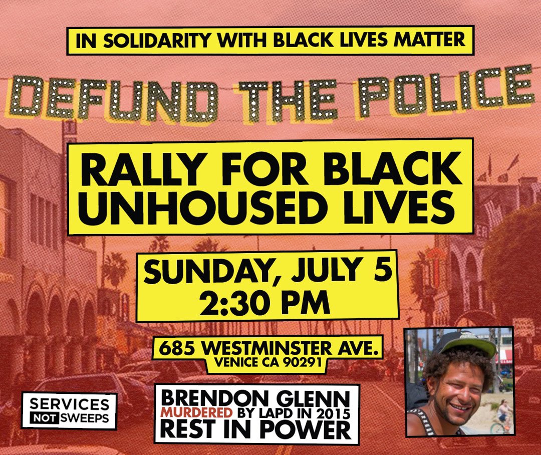 StreetWatchLA's tweet photo. Brendon Glenn’s family and Black unhoused folx will be speaking and leading this rally. Come and show support! #BrendonGlenn #ServicesNotSweeps #3ADayInLA #CareNotCages #CareNotCops #HousekeysNotHandcuffs #DefundThePolice https://t.co/roCiRPOewK