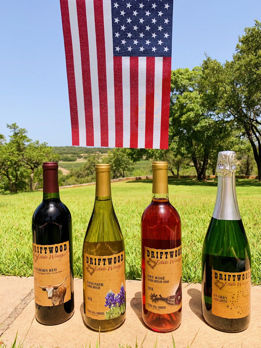 DoubleGoldCab's tweet photo. Happy Fourth of July! 🇺🇸

Enjoy some Red, White &amp; Rosé 🌟 or Bubbles 🥂 

The Driftwood Bistro is open this weekend with a full menu! If you are dining in, wine can be purchased from the tasting room and opened! 🍴🍷#txwine #FourthofJuly https://t.co/XErDi6NF1W