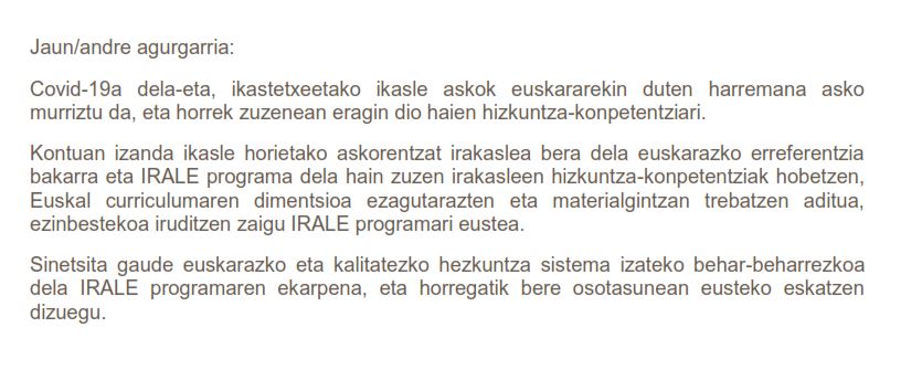 ibiainsa's tweet photo. #IRALE eta #EuskalGirotzeBarnetegiak. Ikasleen euskalduntzea bermatzeko bi hezkuntza-zerbitzu horien beharra aldarrikatzeko hainbat ekimen dago martxan.
IRALEko irakasleek hezkuntza arduradunei mezuak bidaltzea proposatu dute https://t.co/AMzWcuRlrb