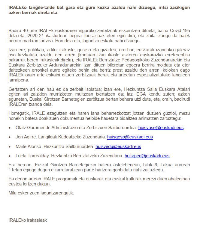 ibiainsa's tweet photo. #IRALE eta #EuskalGirotzeBarnetegiak. Ikasleen euskalduntzea bermatzeko bi hezkuntza-zerbitzu horien beharra aldarrikatzeko hainbat ekimen dago martxan.
IRALEko irakasleek hezkuntza arduradunei mezuak bidaltzea proposatu dute https://t.co/AMzWcuRlrb