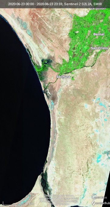 Mangroves in a South American arid land: Perfect match between soil water and above-ground vegetation biomass
#Sentinel2 #earthfromabove #satelliteimagery #art #EarthAsArt #sciart #scicomm
Created in @sentinel_hub

Location: San Pedro estuary, Sechura Bay, Piura, Perú