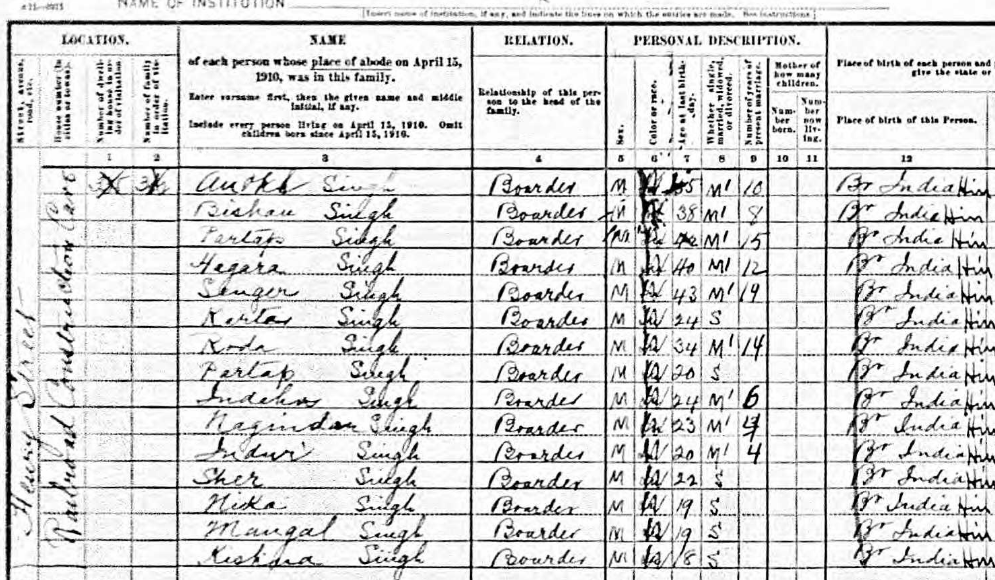 And then there were literally 30 (!!!) mostly-Sikh railroad workers, ages 20-45, living on Henry Street in Berkeley, as recorded in the 1910 census. I *really* need to dig into their story. Amar Singh, Babu Rau, Bhan Singh, Bishau Singh, Hagara Singh, Hira Singh, and on and on…
