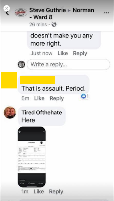 Norman cop Michael Lauderback, using the account "Tired Ofthehate", doxxed the city council woman, threatening that protestors could "enlist all the help [they] want" but that they are "just adding to the numbers that will be in trouble like yourself."The rape was 2 days later.