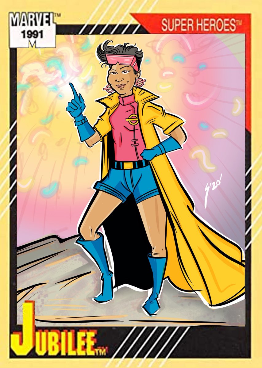 thesoss's tweet photo. I missed out on @GMunny #ReJUNEivation this year but I did want to contribute at least one piece. I altered her look from this card to be more representative of her traditional look with the pink shades/shirt, and blue gloves/shorts. #Jubilee #xmen #Marvel #marvelinthe90s https://t.co/e2vbimmcx1