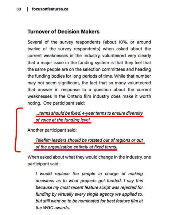 ATTN: <a href="/CdnHeritage/">Canadian Heritage</a> - filmmaker <a href="/pavanmoondi/">Pavan Moondi</a> isn't wrong about <a href="/Telefilm_Canada/">Telefilm Canada</a> : The Focus On Features Report (Dec 2018) recommended that #Rotational #Diverse  #Gatekeepers have 4-yr #TermLimits to avoid cronyism. Who's report is this? TELEFILM CANADA's <a href="/CMF_FMC/">Canada Media Fund</a> &amp; @HG_Fund 1/3