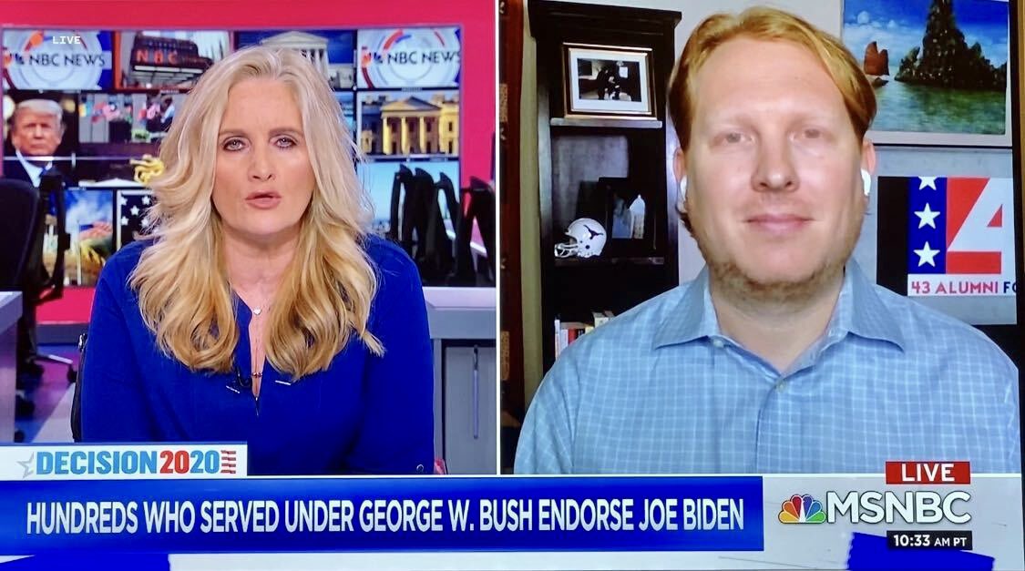 43ForAmerica's tweet photo. “We’ve been humbled by the messages of support we’ve received from Americans who have never been part of the political system. We’re very proud of that ... will work with them &amp; our former colleagues to get out the vote for @JoeBiden in November.” @purcellkris w/ @alexwitt @MSNBC https://t.co/8wQoY4MKDC