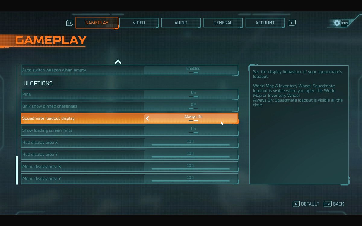 The UI options allow to enable/disable pings, restrict which ones are shown and customize if the squadmates loadouts are displayed in the squad UI or only on the World Map screen. You can also disable the hints displayed during load screen.