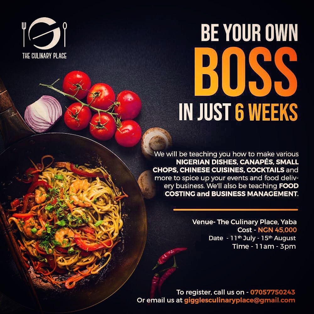 gigglesculinary's tweet photo. Have you registered for the WEEKEND Entrepreneurship class?
It's time to venture into something other than your 9-5.
It's time to invest in You.
Class begins on the 11th of July.
To register, call :- 07057750243.
Slots are limited.
#weekendclass #cookingclass #lagoschefs https://t.co/aqxy3ic859