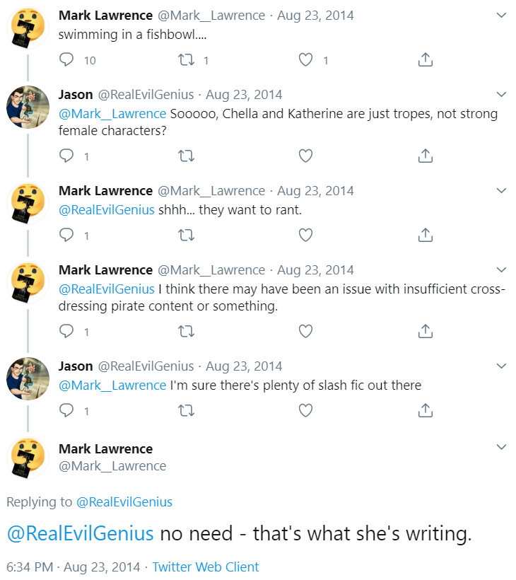 There are a lot of thinly veiled references to "that review", tropes, representation of women, etc. You could argue that none of these reference Schwab directly, and in the end you'll need to draw your own conclusions, but if it looks like a duck and quacks like a duck... [4/14]