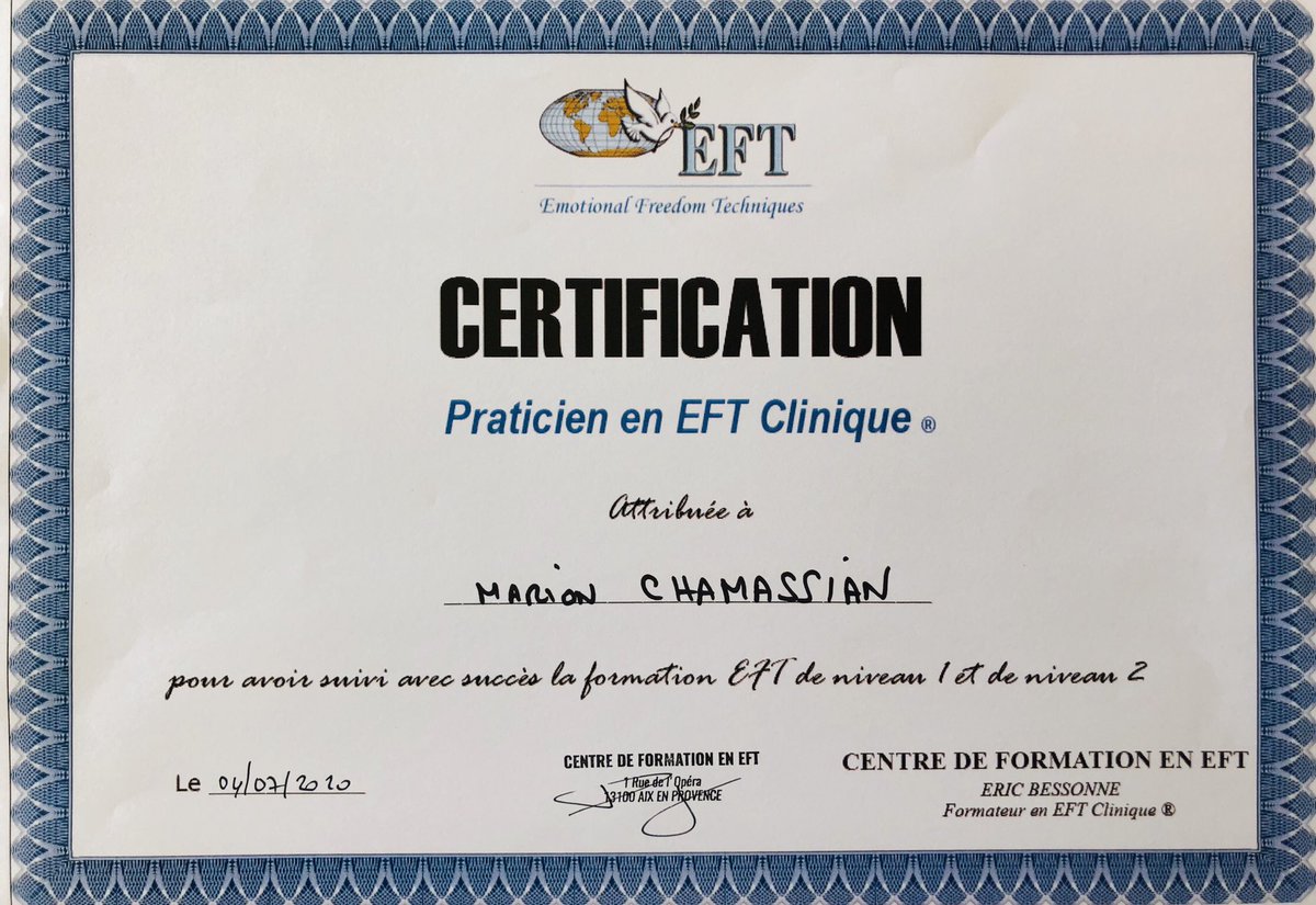 MChamassian's tweet photo. Certifiée aujourd'hui praticienne en #EFT (Emotionnal Freedom techniques). Une nouvelle corde à mon arc pour travailler les émotions et les traumatismes. https://t.co/ldlzRn25ST
