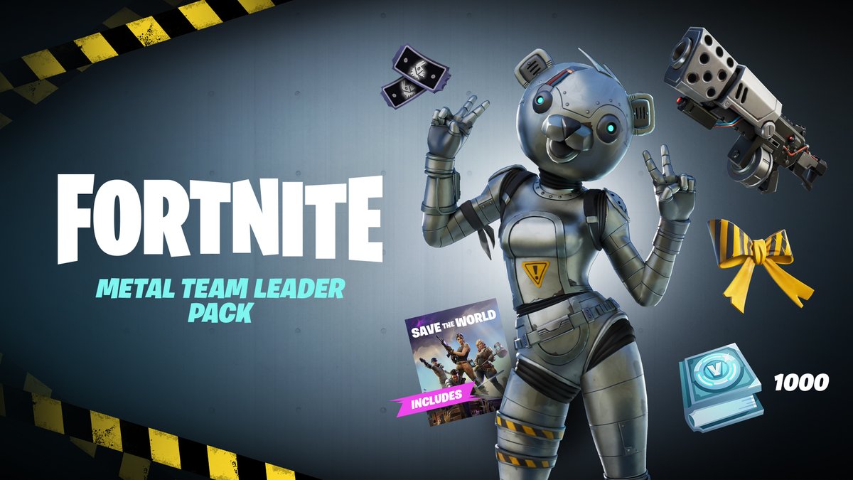 Get access to #SaveTheWorld now with the Metal Team Leader Pack! You'll get: - Metal Team Leader Hero, can be used in Battle Royale once unlocked - Papa Bear Weapon Schematic - Earn up to 1,000 V-Bucks and more by doing Daily Quests in Save the World fn.gg/savetheworld