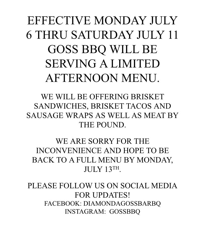 Due to short staffing, next week we will be serving a limited afternoon menu. Please reach out if you have any questions. Thank you.