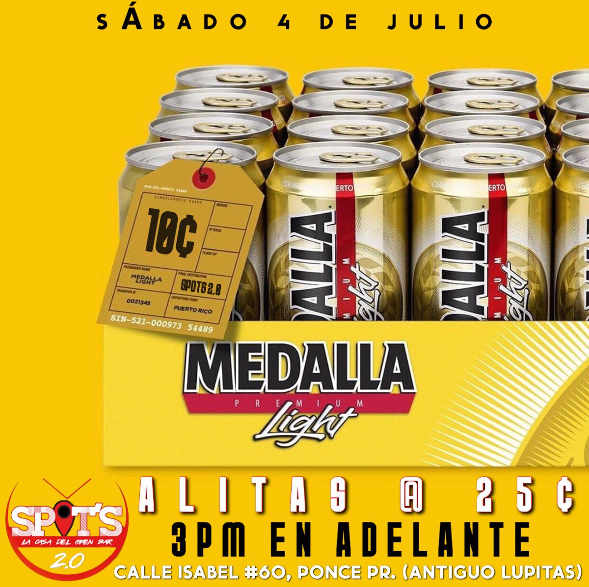 viproomponce's tweet photo. ¡HOY DESPUÉS DE LA PLAYA SIGUELO PARA SPOTS! 📍

Al mostrar esta foto en la barra tienes una medalla de LATA @ 10 CHAVITOS !!!! Precio regular 25¢ 🚨

¡&amp; no se olviden probar nuestras alitas a 25¢! 

Calle Isabel #60, Ponce PR. (Antiguo Lupitas) 📍 https://t.co/cRtgB6125w