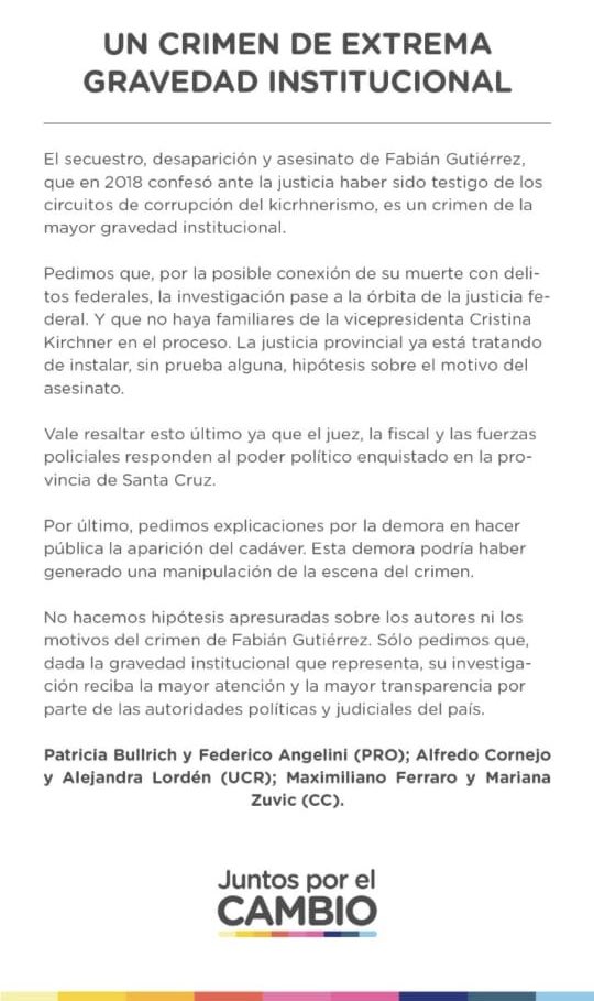 PatoBullrich's tweet photo. El crimen de Fabián Gutiérrez es de una enorme gravedad institucional y no puede quedar en manos de la fiscal Mercado, hija de la gobernadora Alicia Kirchner. Era arrepentido en la causa de los cuadernos, por eso pedimos que la causa pase a la Justicia Federal inmediatamente. https://t.co/P6MwADE0vf