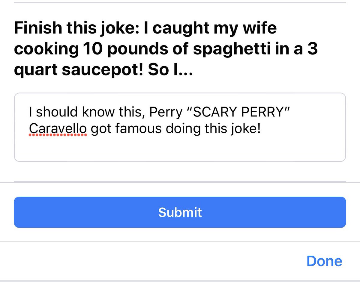 Buddynuggs's tweet photo. I probably won’t be accepted into this comedy group because I don’t know THE spaghetti joke.....
@ScaryPerryWCH any help/tips for an aspiring comedian? #SCAREMASTER #SCARYPERRY #THEDINGDONGSHOW #TheBig3Podcast #ScaryPerrySkateboards https://t.co/WVT6RQTeGL