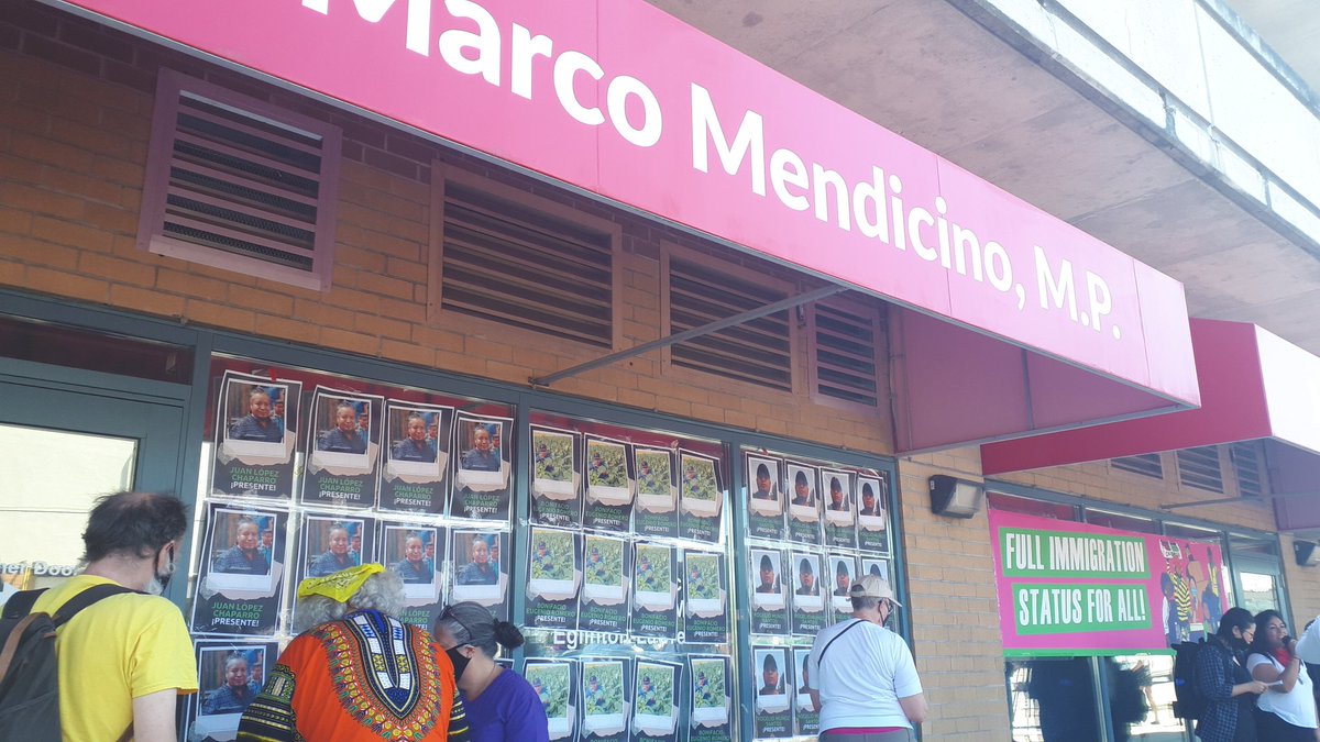 Lining  @marcomendicino's windows are photos of Bonifacio Eugenio Romero, Rogelio Muñoz Santos & Juan López Chaparro - 3 migrant farm workers' lives lost due to government inaction & negligence.