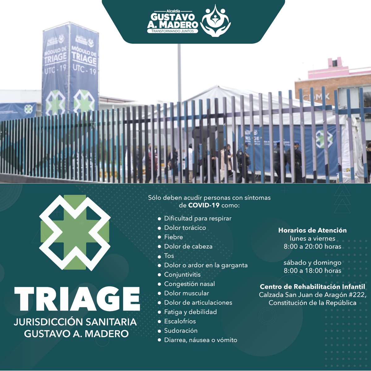 Ante cualquier síntoma de #Covid19, acude a la Carpa #TRIAGE, ubicada en el Centro de Rehabilitación Infantil #SanJuanDeAragón. ¡Cuide tu salud y la de los demás!