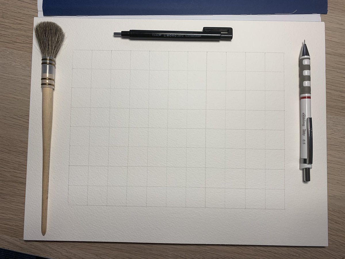 Grid drawn. The grid is penciled in very lightly to ensure it erases completely later. Depending on your reference, a grid or bounding box helps a lot with proportion. Pro tip: don’t blow or brush eraser debris away with your hand. Use a brush & use it lightly to avoid smudging.