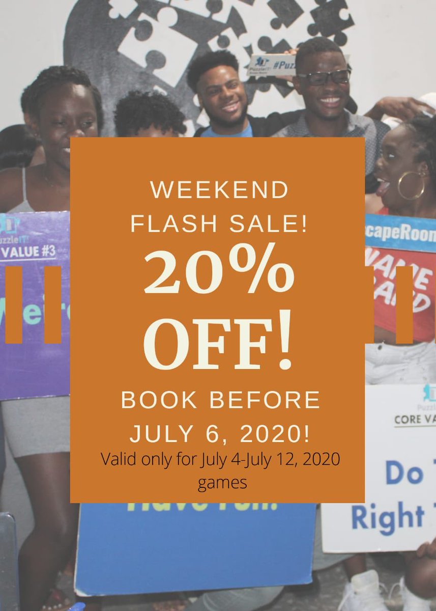 PuzzleIT! Jamaica presents a FLASH SALE ⚡️⚡️⚡️
You MUST book by July 6th!
Whatsapp 876-825-7899 to make your booking now!