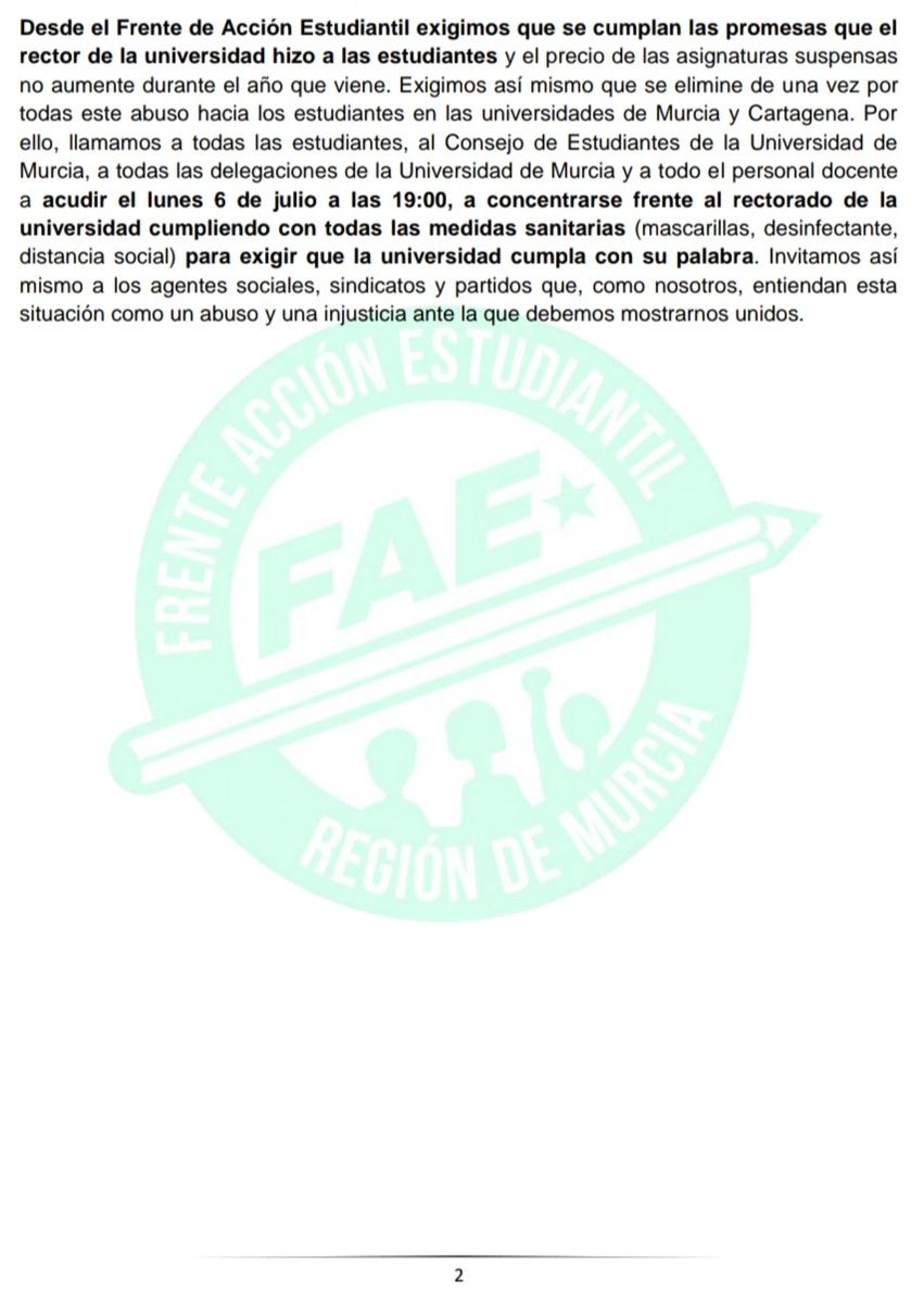 Este lunes 6 de julio a las 19:00 desde el Frente de Acción estudiantil, como sindicato de clase que lucha por las estudiantes más precarizadas, convocamos una concentración a las puertas del rectorado de la UM. 

¡No permitamos que sigan ninguneándonos! 

#NoOsImportamosUMU