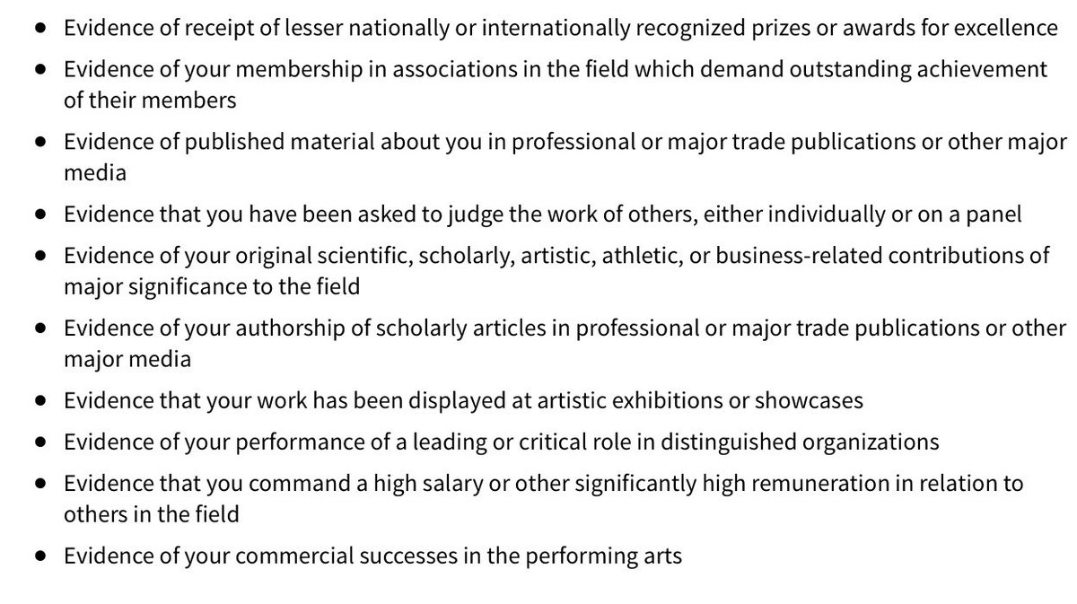 3) BE IN THE TOP 1% OF YOUR FIELD, OR RECEIVE AN OFFER OF PERMANENT EMPLOYMENT FROM A COMPANY WILLING TO SPONSOR YOU AND EXPLAIN WHY AN AMERICAN COULDN’T DO YOUR JOB.The former is sometimes called the “Einstein Visa.” You’d need to hit at least 3 of the following 10 criteria: