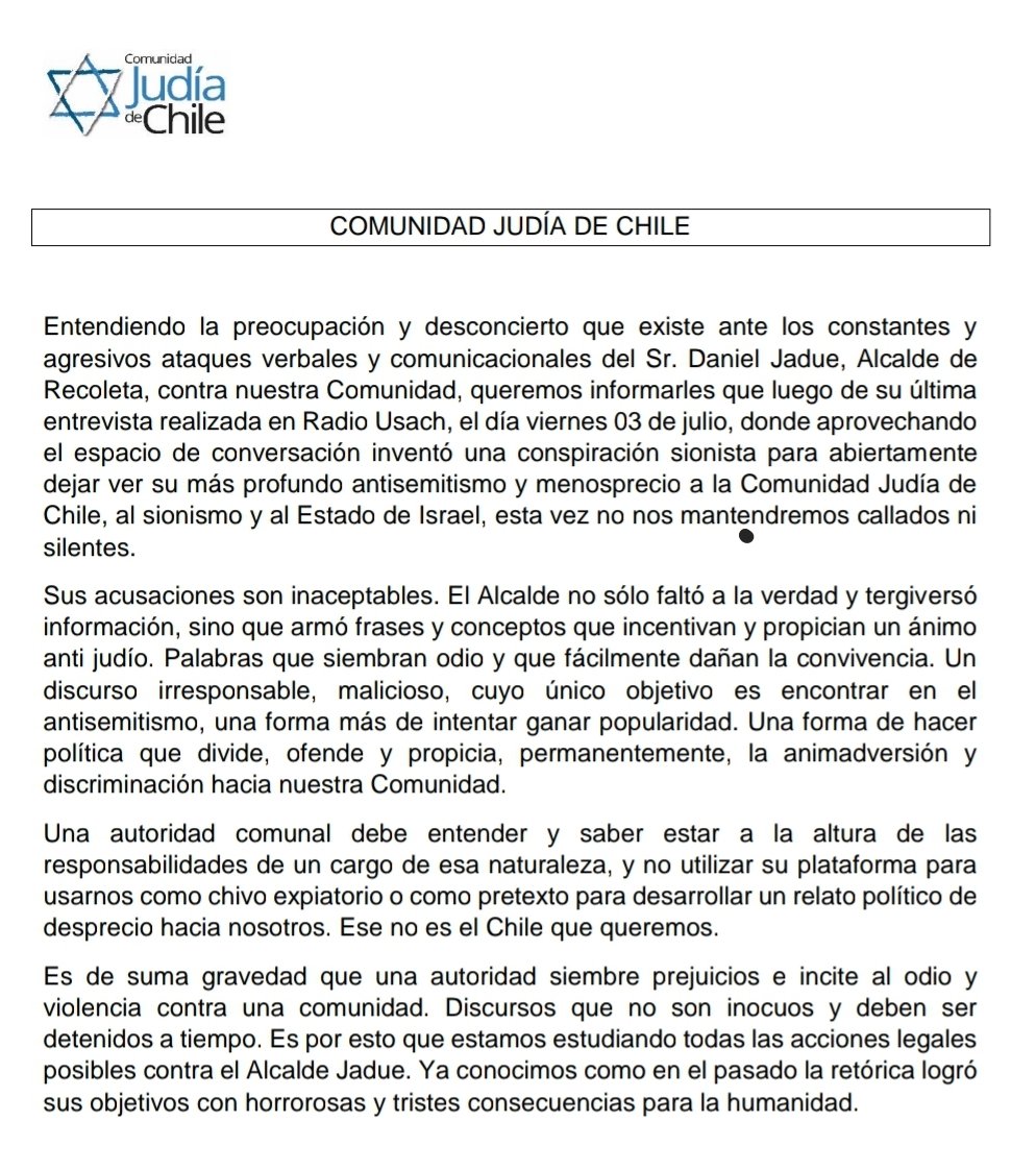 Comunicado Comunidad Judía de Chile en relación a las inaceptables declaraciones antisemitas de Alcalde Daniel Jadue  #JadueAntisemita ⤵️