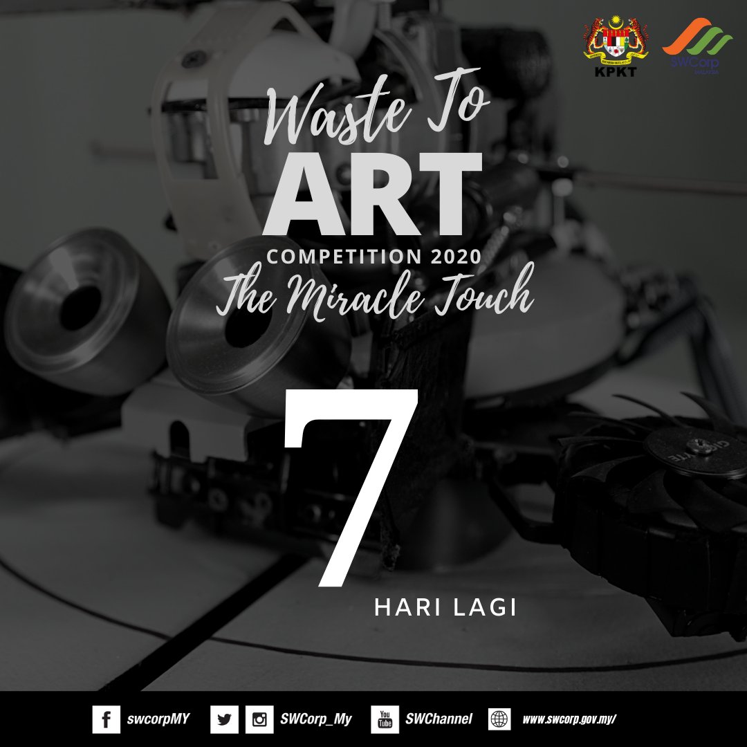 7 HARI LAGI.

"Kembara seni diteruskan bagi mencari karya agung, hasil sentuhan magis sang pengkarya."

WASTE TO ART COMPETITION kembali lagi dengan bertemakan "The Miracle Touch". Tarikh tutup penyertaan pada 12 Julai 2020.

#WasteToArtCompetition2020 #TheMiracleTouch
#WTA2020