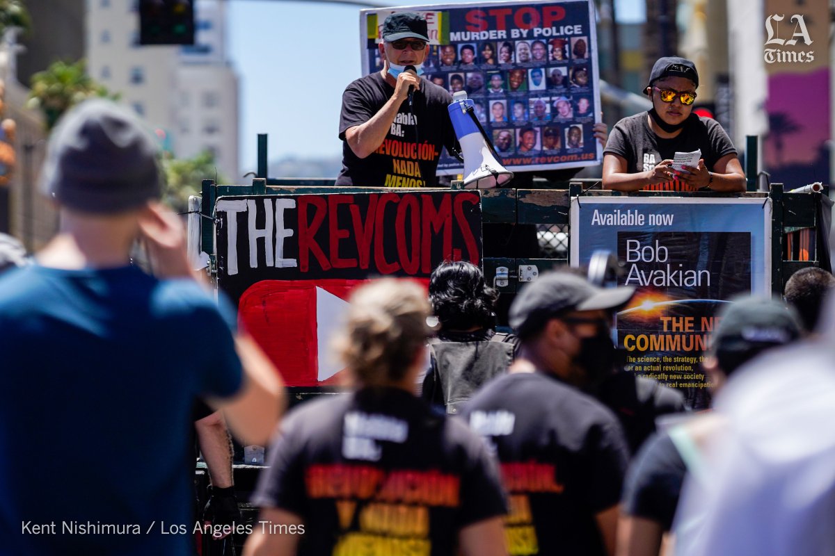 Protesters march thru Hollywood, part of the “Demonstrate How to Dishonor the American Flag” event put on by the Revolution Club in Los Angeles on Saturday, July 4, 2020 in Los Angeles, CA. The event was led by Activist Gregory `Joey' Johnson, who burned a U.S. flag to protest President Donald Trump's call to re-criminalize flag burning.