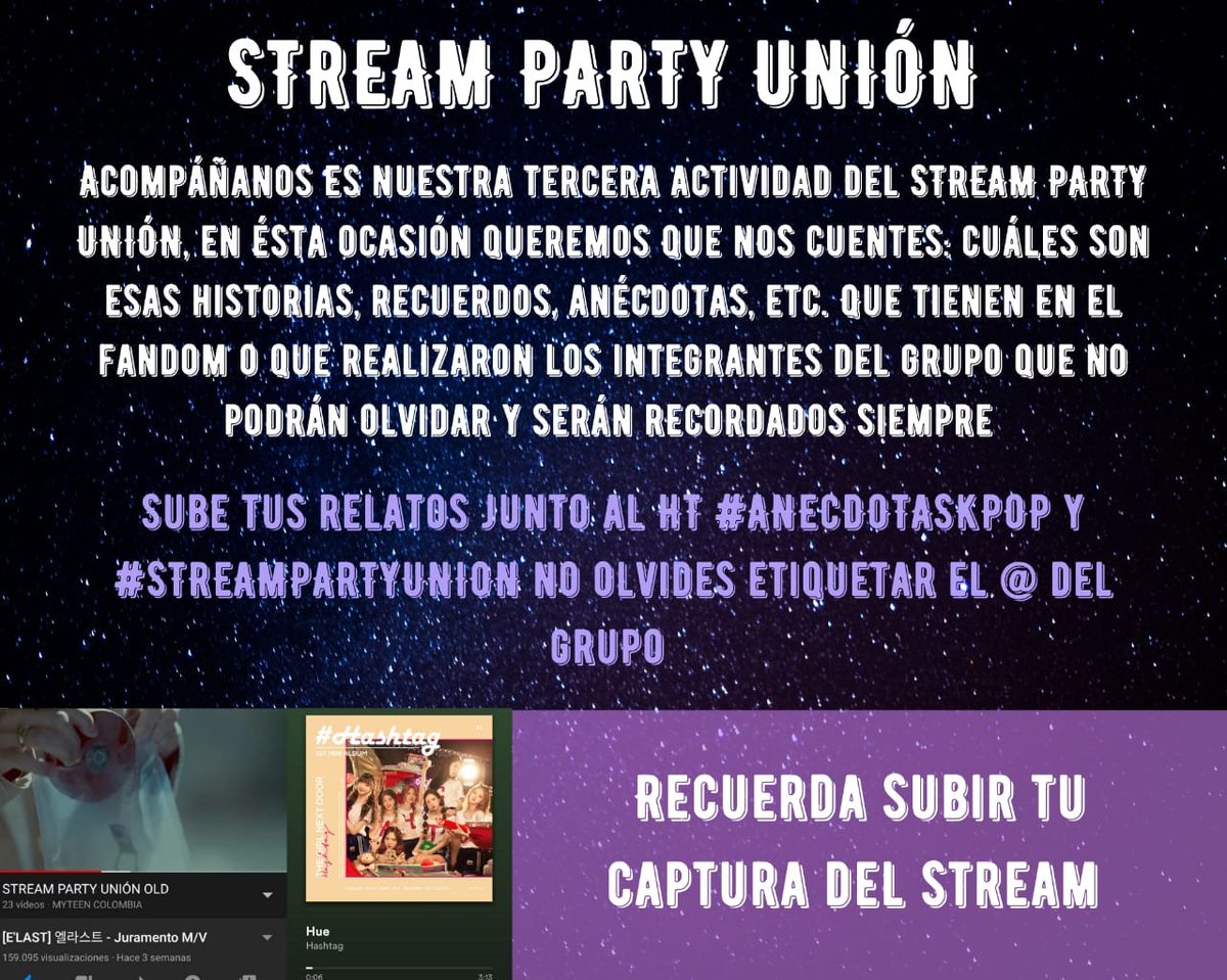 Onlyoneofcolom1's tweet photo. #STREAMPARTYUNION

Volvemos con nuestra tercera actividad, esperamos tus historias, recuerdos, anécdotas, etc. No olvides usar el HT #ANECDOTASKPOP y etiquetar a -el @ de el grupo-.

En este hilo lo puedes publicar junto con tus capturas de stream
#STREAMPARTYUNION #ANECDOTASKPOP https://t.co/LGw7ICDwxD