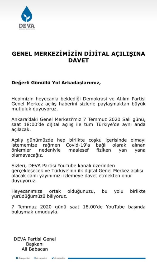 DevapartisiK's tweet photo. 7 temmuz salı günü saat 18:00 de Deva partisi youtube kanalında bütün halkımızla birlikte bina açılışımızı yapacağız. Herkes davetlidir. @alibabacan @devapartisi https://t.co/MDxdGoWUN1