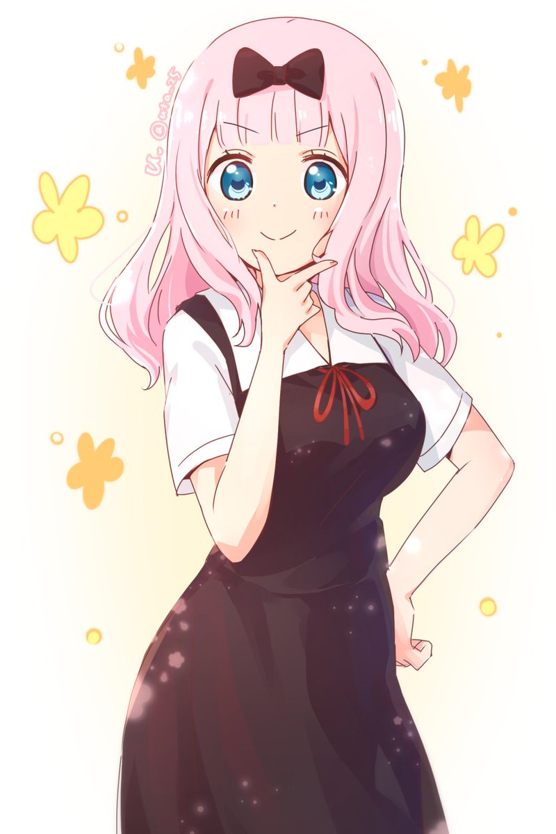 fujiwara chika 1girl shuuchiin academy school uniform solo school uniform pink hair blue eyes hair bow  illustration images