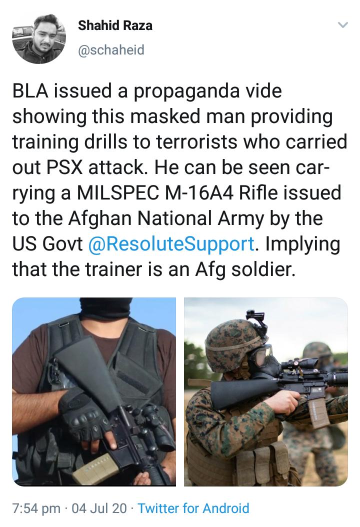 Tubelight313's tweet photo. #RAW_Poor_Show_Busted
In order to divert attention from #RAW,which is responsible for #KSEAttack ,#BLA has released a video showing an #ANA soldier as their trainer using @USArmy eqpt.
Whereas, Afg hz forged Strategic partenership with India for trg of #ANA by Indian Army (1/4) https://t.co/6tyZgwqDuo