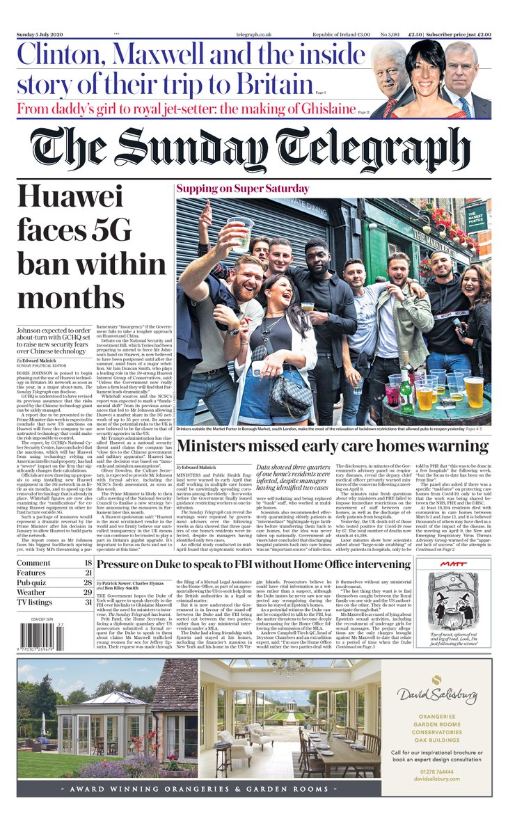 Telegraph's tweet photo. Tomorrow’s Telegraph front page: “Huawei faces 5G Ban within months”
#TomorrowsPapersToday https://t.co/nhAOmSIB9L