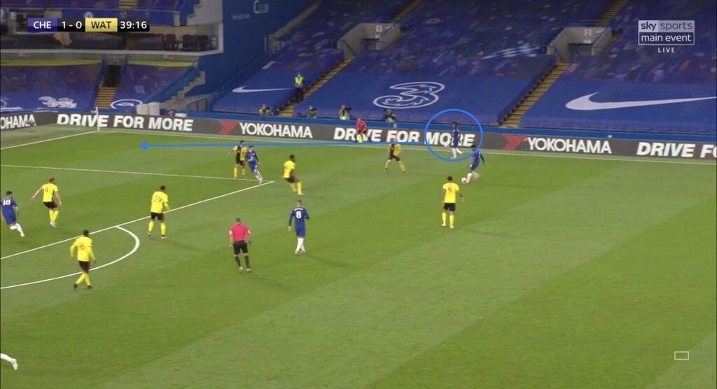 When Willian is playing as the right winger he is a “chalk on your boots” type winger. He wants to get as wide as possible, which limits the room for RJ to move into forcing him inside.