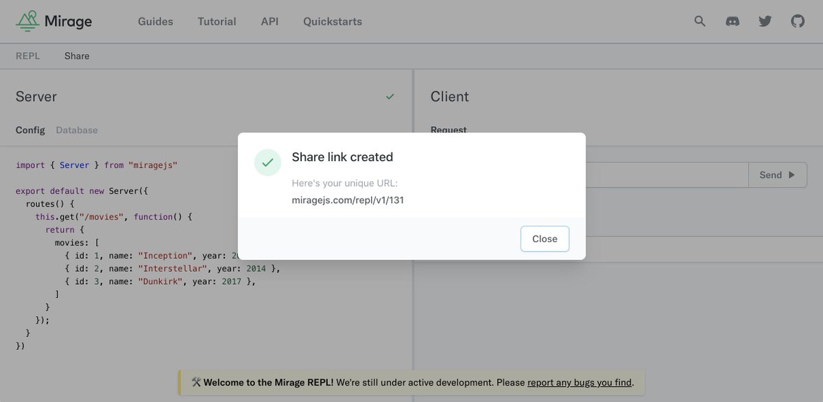 Share links are live on the <a href="/miragejs/">Mirage JS</a> REPL! Pretty awesome to be able to ship this with zero backend code 🥰

Try it out for yourself by clicking Share in the toolbar:

miragejs.com/repl/v1/130