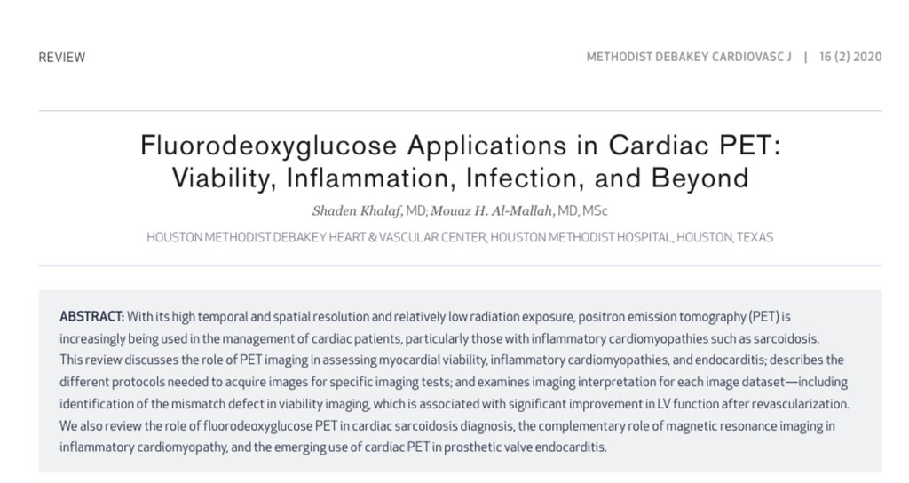 Our review on #FDG applications in #CVPET was just published. #cardiotwitter #ACCFIT #ACCEarlyCareer journal.houstonmethodist.org/article-full-t…