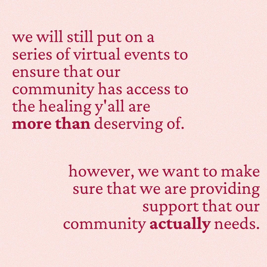 bloomcau's tweet photo. Feel free to reach out to us via our virtual suggestion box (𝘭𝘪𝘯𝘬 𝘪𝘯 𝘣𝘪𝘰), replies, or dms with any ideas for programming that you would like to see.
We will be committed to holding it down for y’all, even if it’s via a zoom screen and IG lives.

(2/2) https://t.co/fPCVW7KgN5