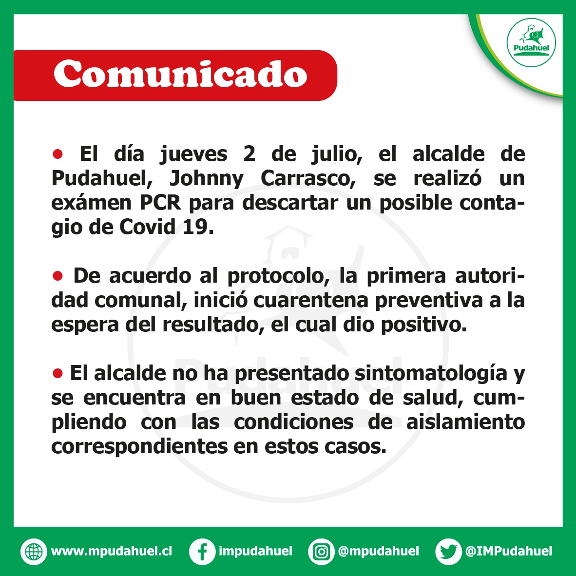 impudahuel's tweet photo. 🔴 COMUNICADO | El alcalde @jcarrascoc  está en Cuarentena Preventiva debido a un examen PCR positivo.

La máxima autoridad comunal no presenta sintomatología y se encuentra en un buen estado de salud. https://t.co/KvLypE6e3D