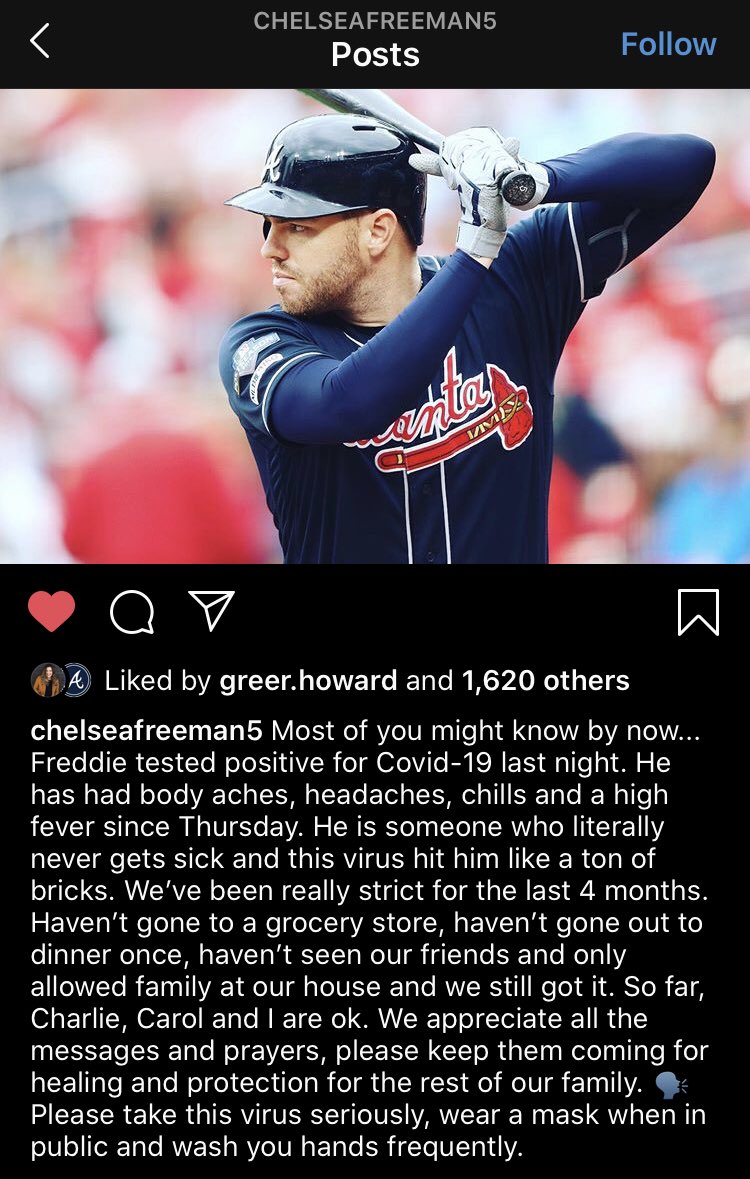 NEW: Freddie Freeman’s wife <a href="/chelseafree5/">Chelsea Freeman</a> says Freddie has had body aches, headaches, chills, &amp; a high fever since Thursday. 

Chelsea wants others to take this virus seriously, wear a mask in public and wash your hands . #ForTheA #COVIDー19