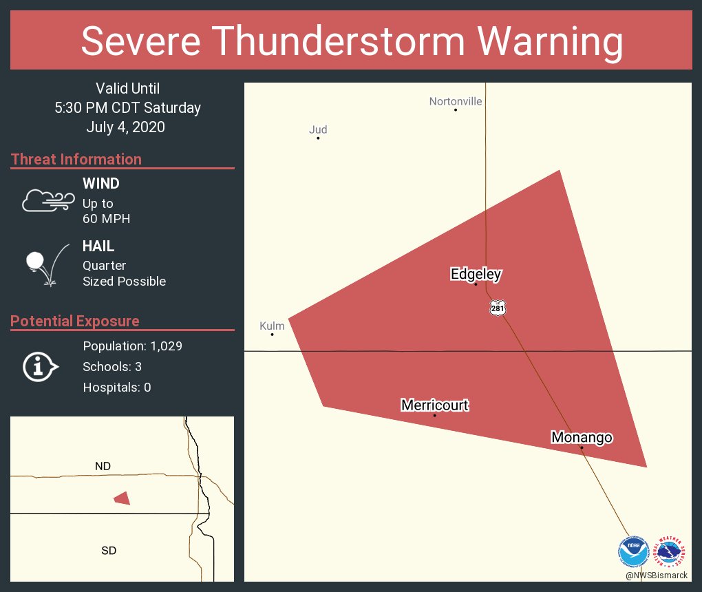 Severe Thunderstorm Warning continues for Edgeley ND, Monango ND, Merricourt ND until 530 PM