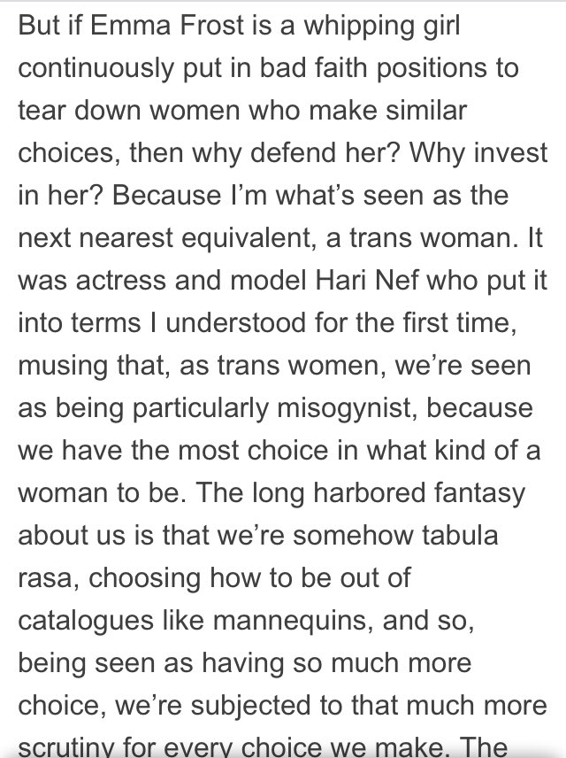 i dug into the surface level semiotics of it a few years ago, but after thinking it through a lot more, that interpretation of morrison era emma frost is a lot messier, more dangerous, and vital than i gave it credit for.  https://womenwriteaboutcomics.com/2016/03/diamonds-rough-problematic-faves-coincidentally-women/