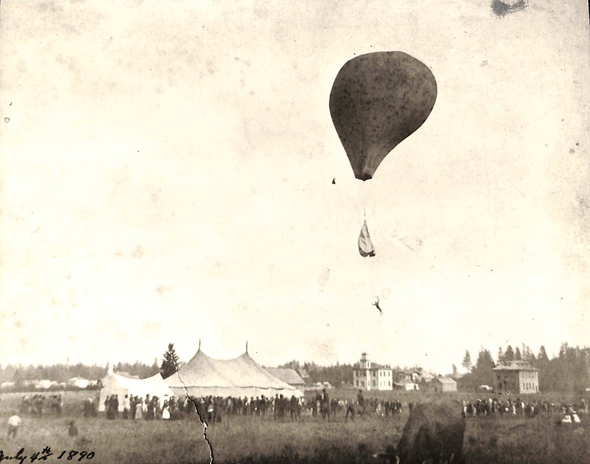 bit.ly/2yeMrDu Hot air balloon flies high on fair day, July 4, 1890 at Pacific Academy on site of Newberg Friends Church.