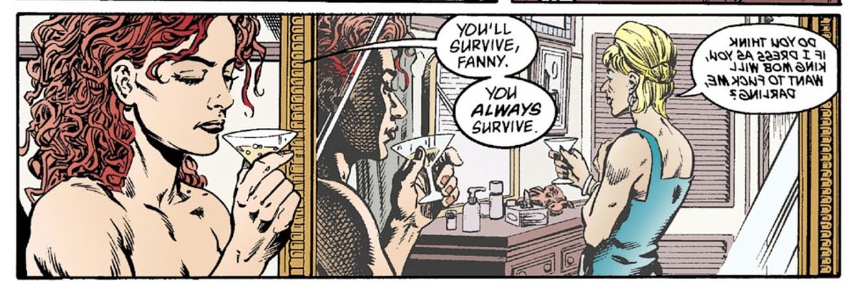 shot (the invisibles), chaser (new x-men). fanny's (who is trans) backwards dialogue reads "do you think if i dress as you, king mob will want to fuck me, darling?" this is just astounding stuff, as brilliant as it is dangerous.
