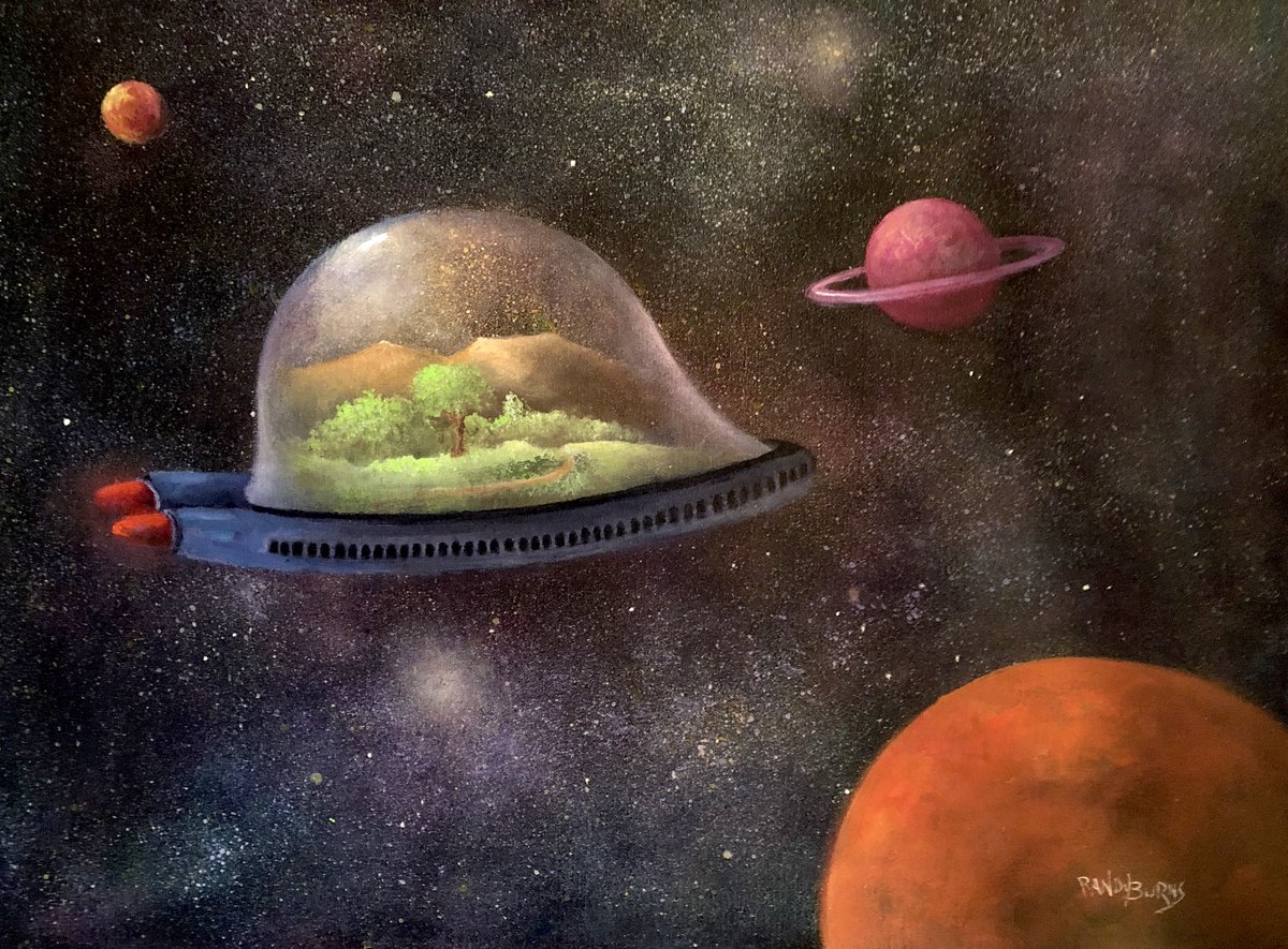 'They Took Their World With Them'.  Hovering silently, a glass covered spacecraft carries its own small world venturing into the unknown. Mountains, trees and a field capture the scene of what once was. Its mysterious inhabitants ready themselves to begin a new world elsewhere.