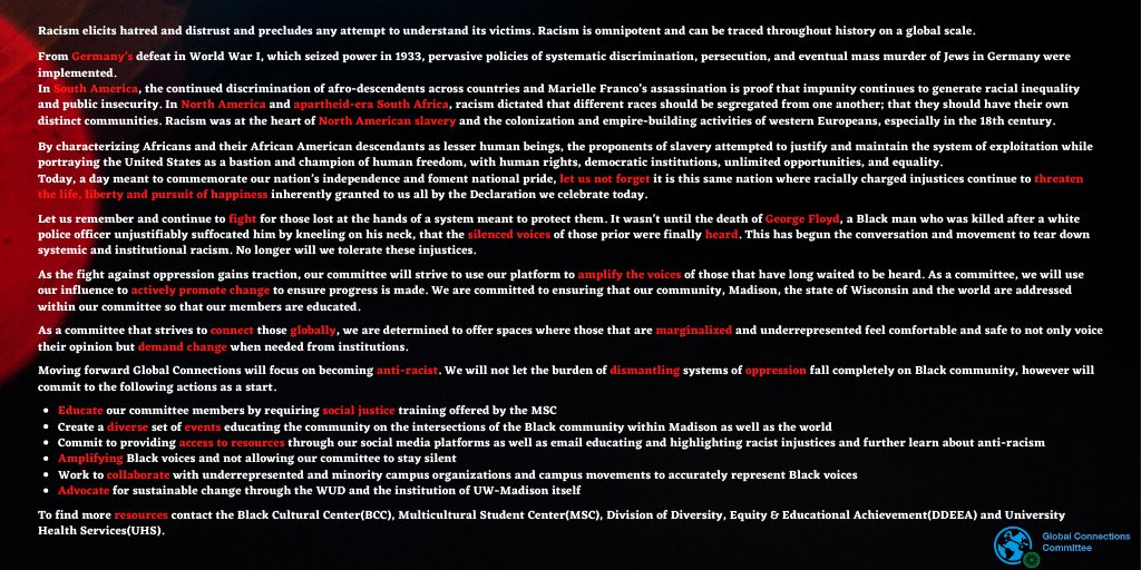 Our statement, recognizing the continued social injustices of past and present &amp; commitment to promoting programming &amp; spaces to amplify these silenced voices. 
Let's continue to challenge institutions which continue to devoid many of the liberty and equality we celebrate today.