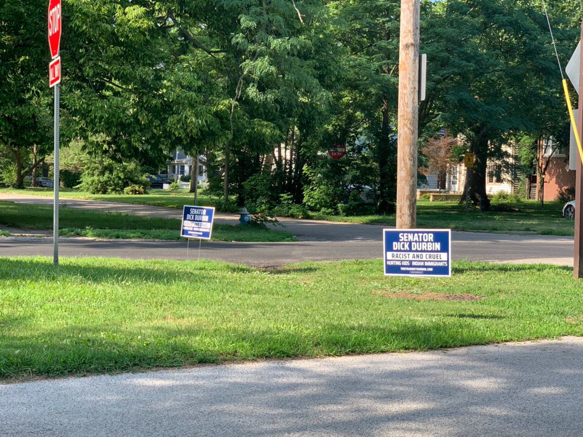 immivoice's tweet photo. On the streets of #Springfield &amp; all over the land of #Lincoln, yard signs like these will be popping up, to educate people that @SenatorDurbin is nothing but a racist &amp; a bigot. https://t.co/7M2PIZ4frr