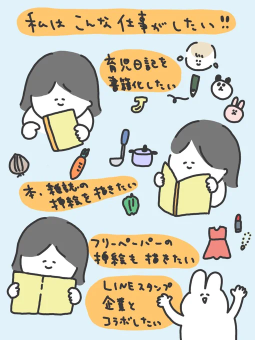 #私はこんな仕事がしたい 
色々な媒体の挿絵が描きたい、育児絵日記の書籍化したい、LINEスタンプを企業とコラボしたい!
SNSは短冊とのことなので??あとはもう黙ってもくもくとがんばります! 