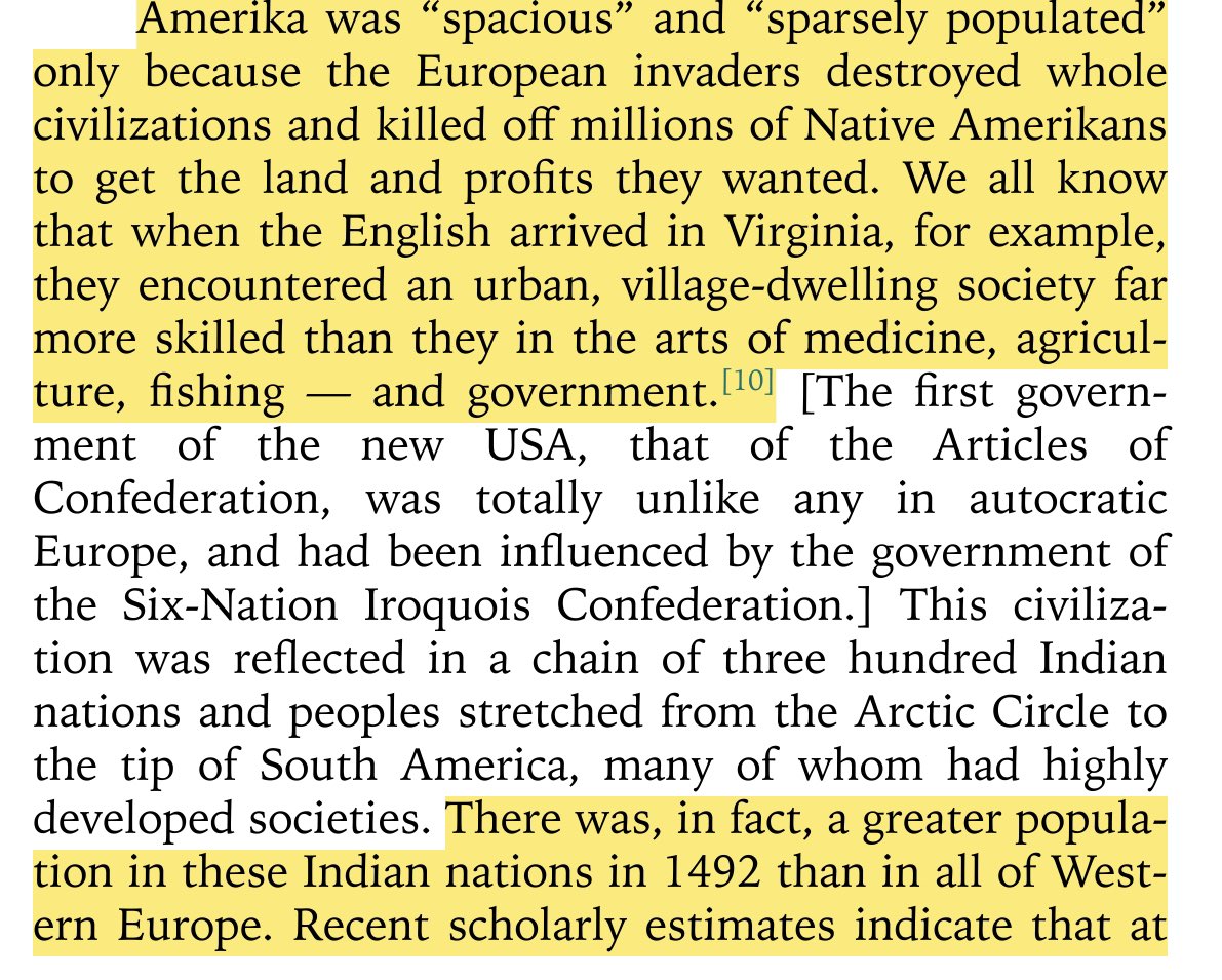 “amerika was ‘spacious’ and ‘sparsely populated’ only because the european invaders destroyed whole civilizations and killed off millions of native amerikans to get the land and profits they wanted.”